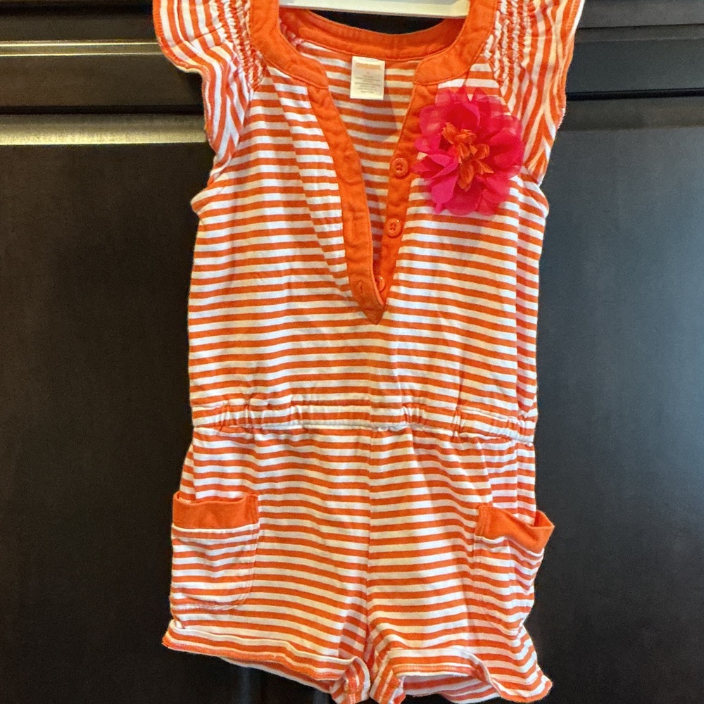 Gymboree (2013) Orange and White Striped Romper with Pink Flower